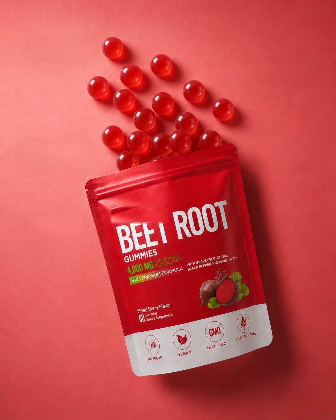 Red gummies spilling from the top of the Solard REPMAX pouch on a red backdrop